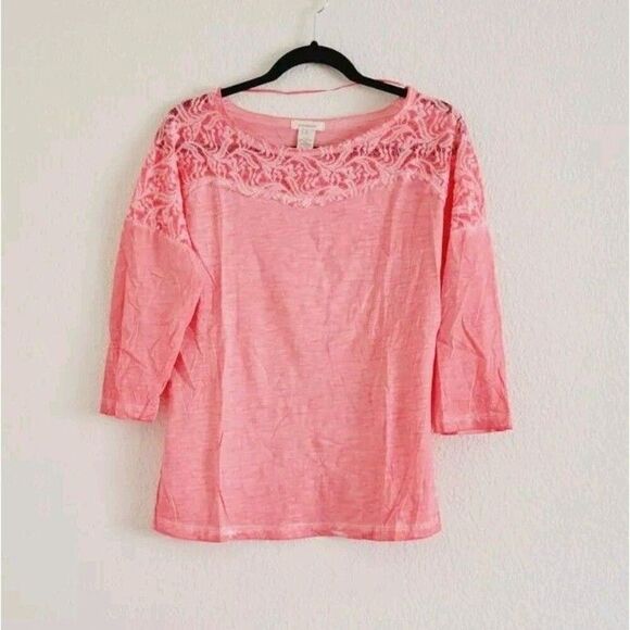Sundance Catalog Pink Lace Three-Quarter Sleeve Cotton Top Women's Size Small - Picture 1 of 5